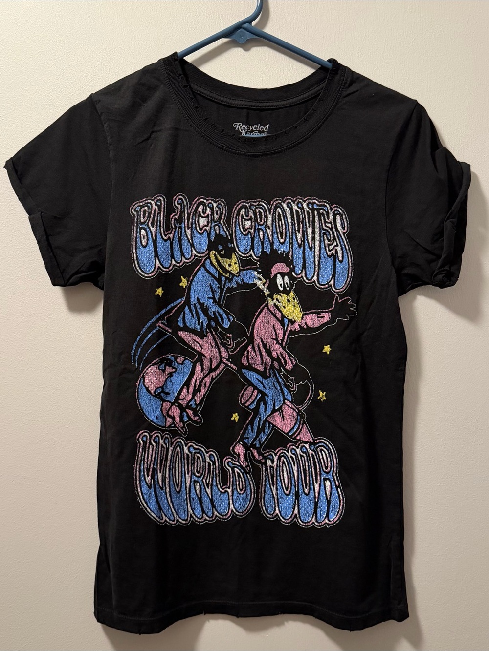 Recycled Karma Black Graphic Tee with Blue and Pink world Tour Print